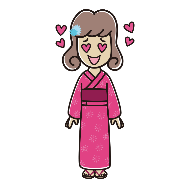 目がハートの浴衣姿の女子大学生のイラスト【色あり、背景なし】透過PNG