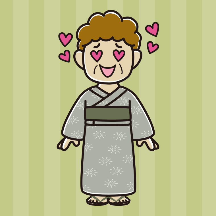 【フリー素材】目がハートの浴衣姿のおばさんのイラスト