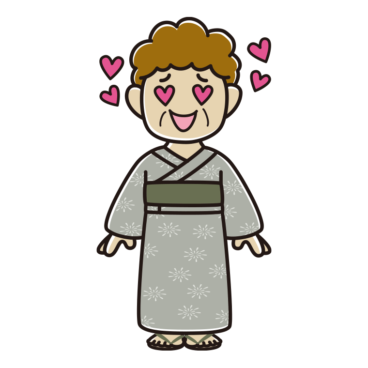 目がハートの浴衣姿のおばさんのイラスト【色あり、背景なし】透過PNG