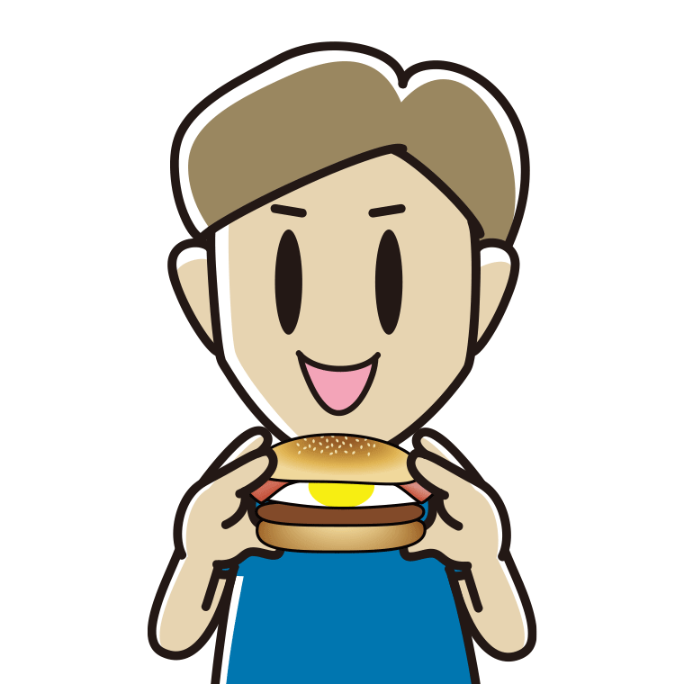 月見バーガーを食べる男性のイラスト【色あり、背景なし】透過PNG