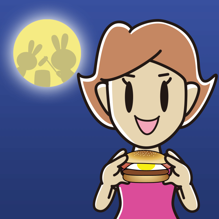 月見バーガーを食べる女性のイラスト【色、背景あり】PNG