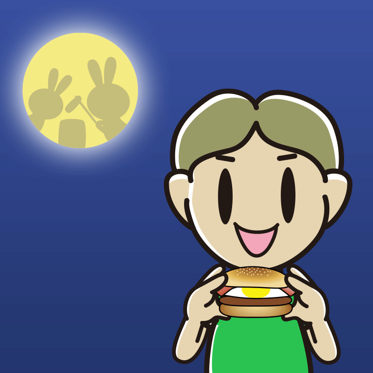 月見バーガーを食べる小学生男子のイラスト【色、背景あり】PNG