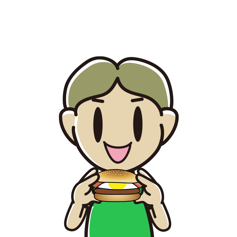 月見バーガーを食べる小学生男子のイラスト【色あり、背景なし】透過PNG