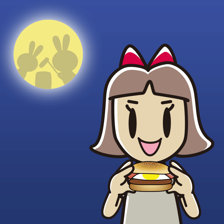 月見バーガーを食べる小学生女子のイラスト【色、背景あり】PNG