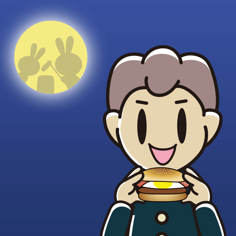 月見バーガーを食べる男子中学生のイラスト【色、背景あり】PNG