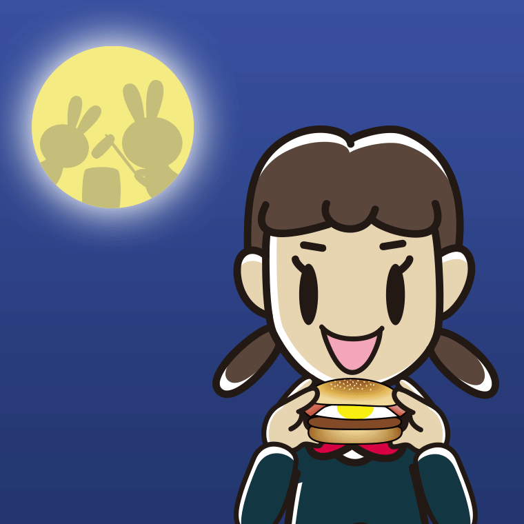月見バーガーを食べる女子中学生のイラスト【色、背景あり】PNG