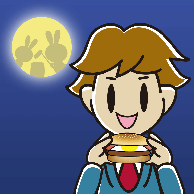 月見バーガーを食べる男子高校生のイラスト【色、背景あり】PNG