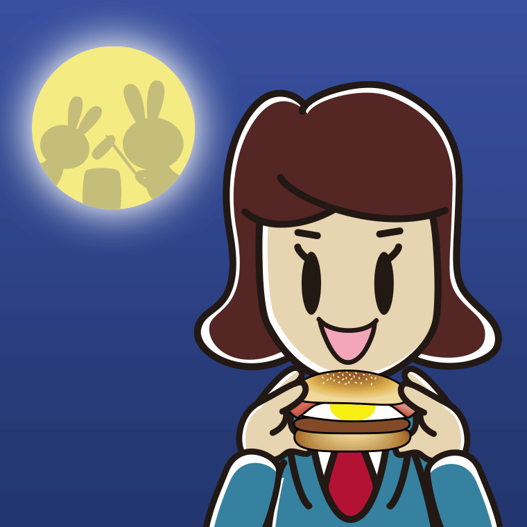 月見バーガーを食べる女子高校生のイラスト【色、背景あり】PNG