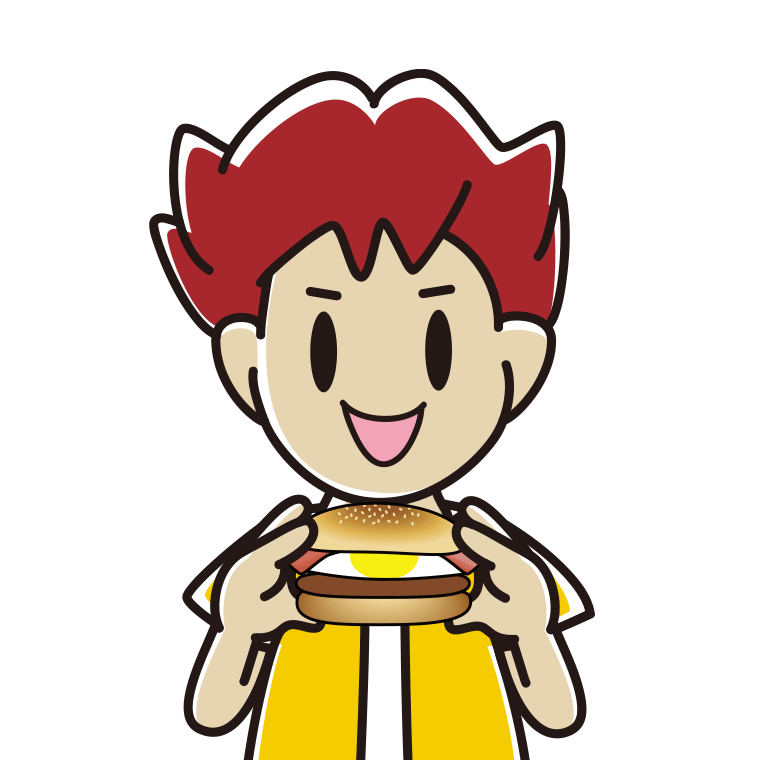 月見バーガーを食べる男子大学生のイラスト【色あり、背景なし】透過PNG