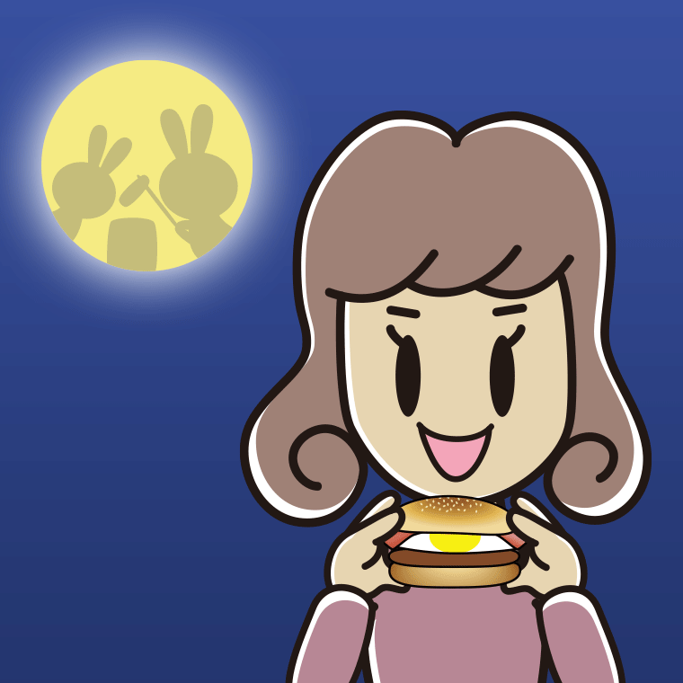 月見バーガーを食べる女子大学生のイラスト【色、背景あり】PNG