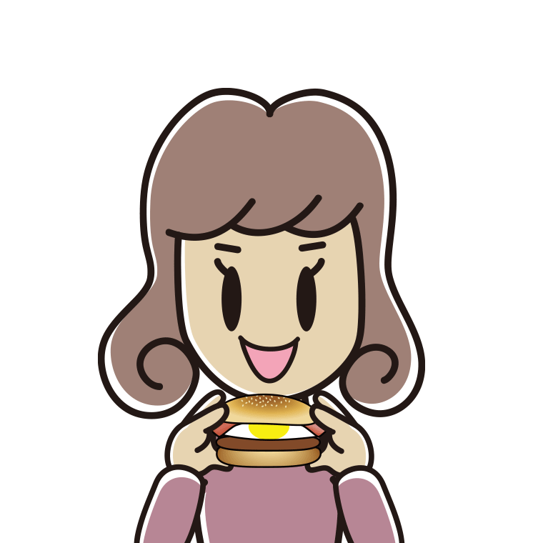 月見バーガーを食べる女子大学生のイラスト【色あり、背景なし】透過PNG