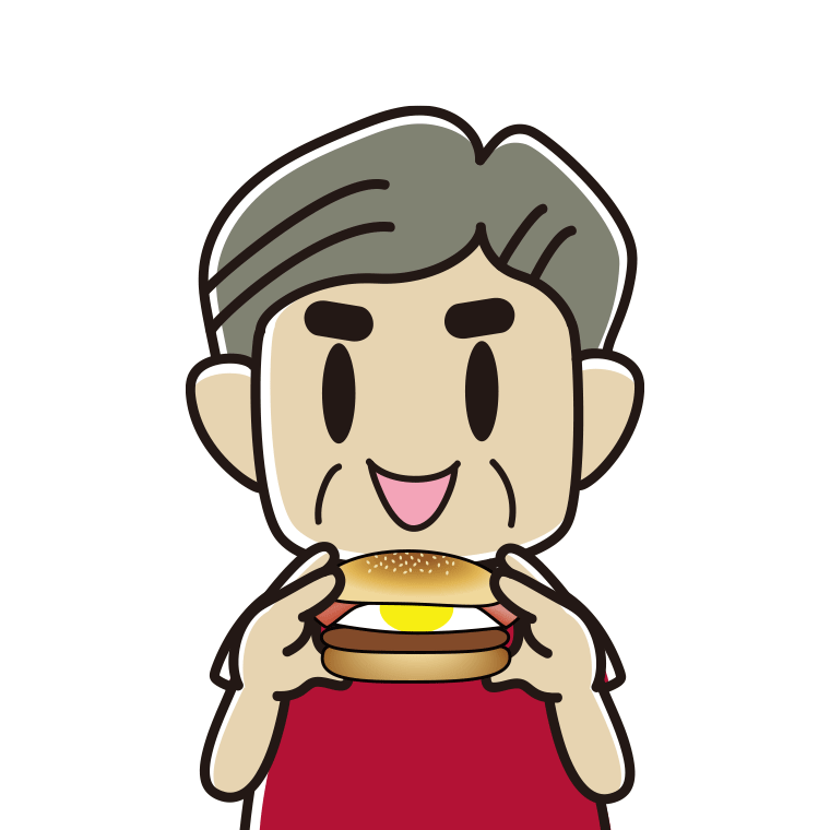 月見バーガーを食べるおじさんのイラスト【色あり、背景なし】透過PNG