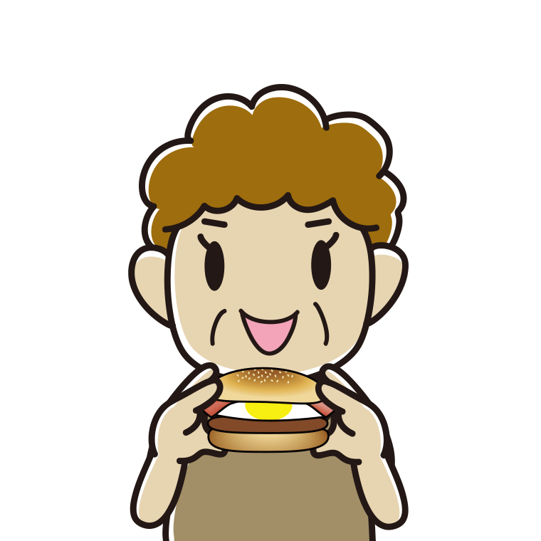 月見バーガーを食べるおばさんのイラスト【色あり、背景なし】透過PNG