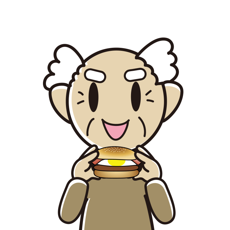 月見バーガーを食べるおじいさんのイラスト【色あり、背景なし】透過PNG