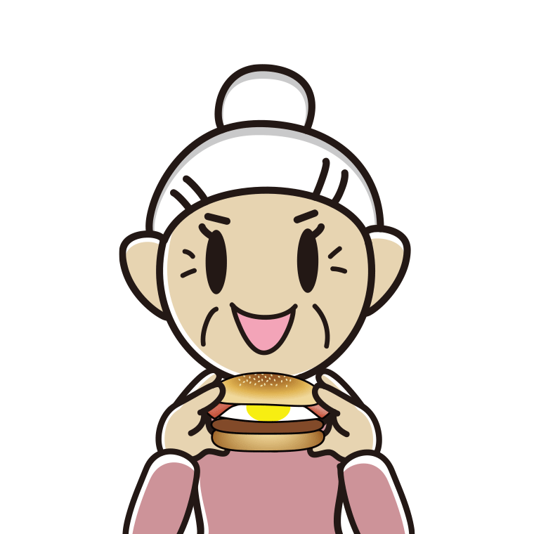 月見バーガーを食べるおばあさんのイラスト【色あり、背景なし】透過PNG