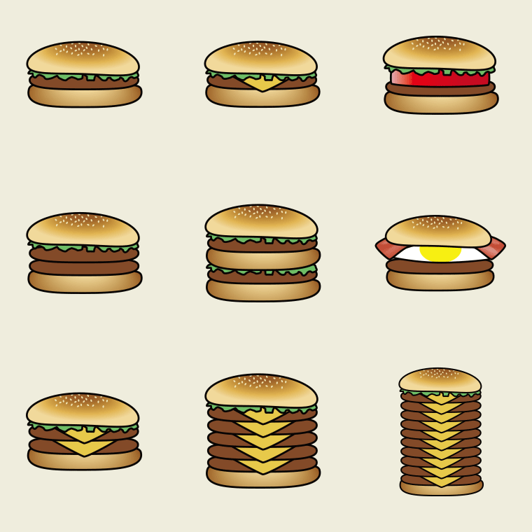 【イラスト・アイコン素材】ハンバーガーのイラスト・アイコンセット（9種）