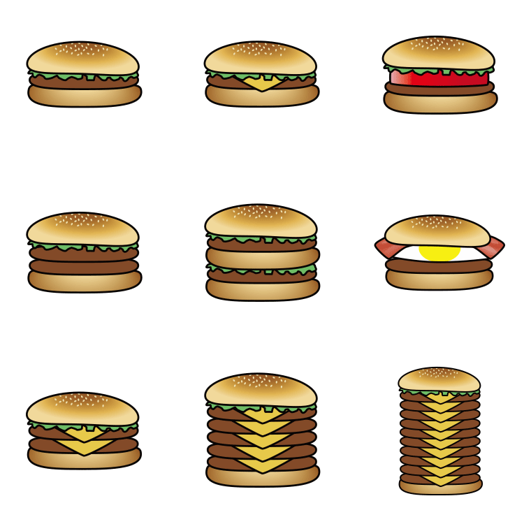 ハンバーガーのイラスト・アイコンセット（9種）【色あり、背景なし】透過PNG