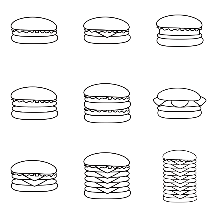 ハンバーガーのイラスト・アイコンセット（9種）【線のみ】透過PNG