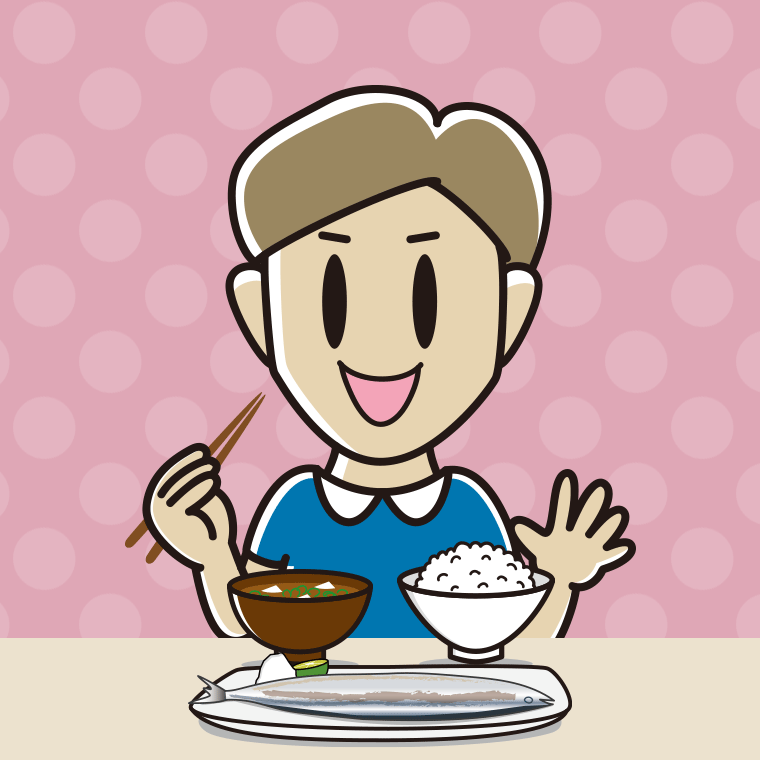 秋刀魚（サンマ）の塩焼きを食べる男性のイラスト【色、背景あり】PNG