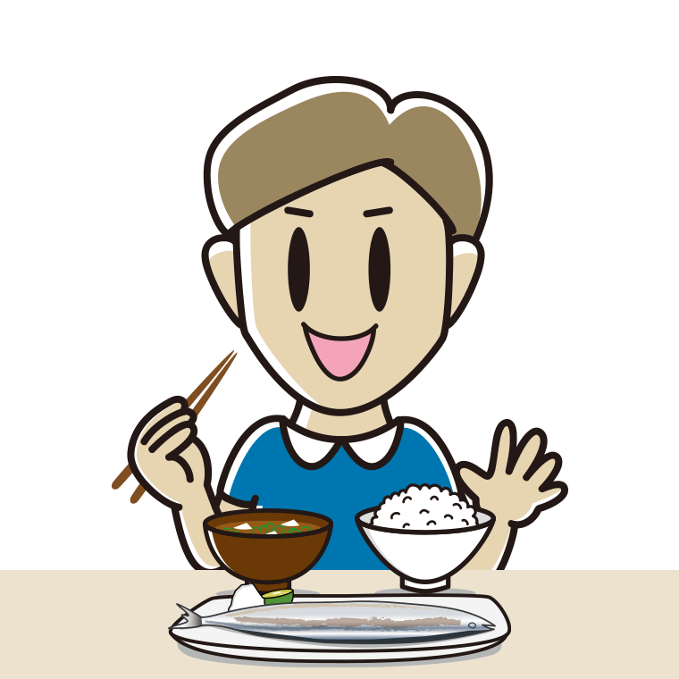 秋刀魚（サンマ）の塩焼きを食べる男性のイラスト【色あり、背景なし】透過PNG