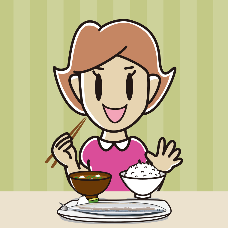 秋刀魚（サンマ）の塩焼きを食べる女性のイラスト【色、背景あり】PNG