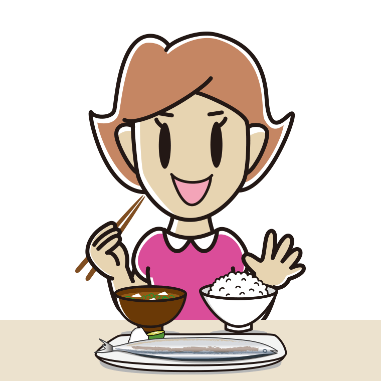 秋刀魚（サンマ）の塩焼きを食べる女性のイラスト【色あり、背景なし】透過PNG