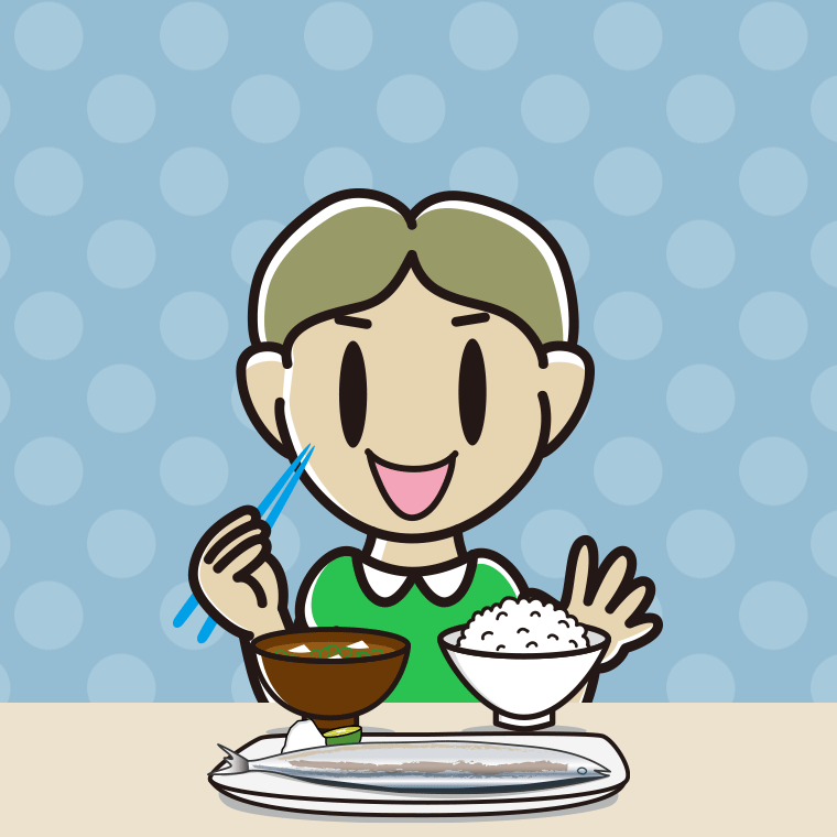 秋刀魚（サンマ）の塩焼きを食べる小学生男子のイラスト【色、背景あり】PNG