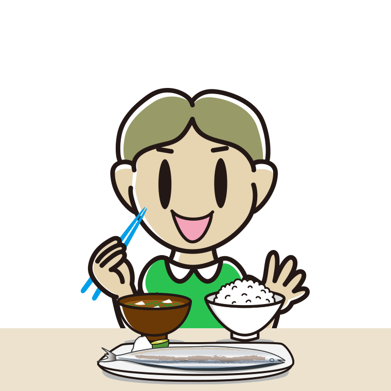 秋刀魚（サンマ）の塩焼きを食べる小学生男子のイラスト【色あり、背景なし】透過PNG