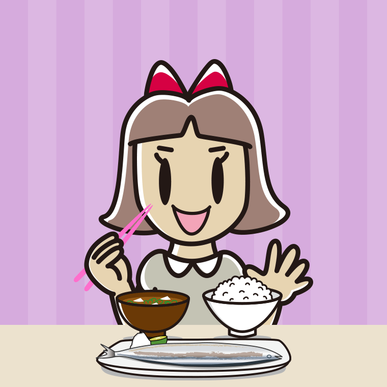 秋刀魚（サンマ）の塩焼きを食べる小学生女子のイラスト【色、背景あり】PNG