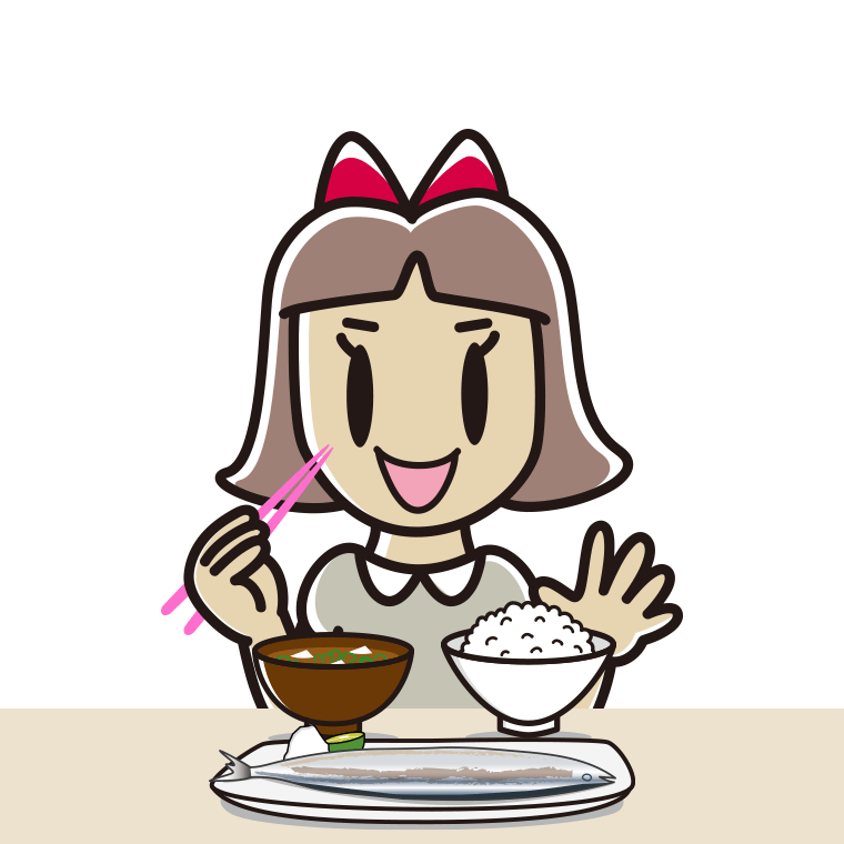 秋刀魚（サンマ）の塩焼きを食べる小学生女子のイラスト【色あり、背景なし】透過PNG
