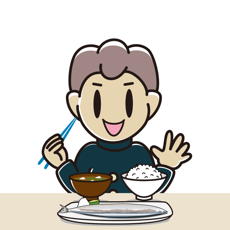 秋刀魚（サンマ）の塩焼きを食べる男子中学生のイラスト【色あり、背景なし】透過PNG