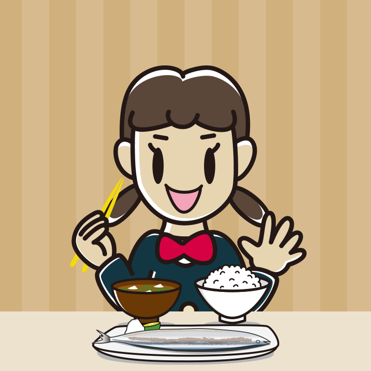 秋刀魚（サンマ）の塩焼きを食べる女子中学生のイラスト【色、背景あり】PNG