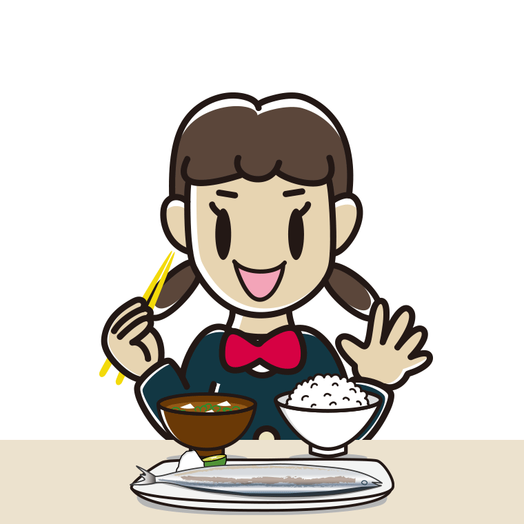 秋刀魚（サンマ）の塩焼きを食べる女子中学生のイラスト【色あり、背景なし】透過PNG