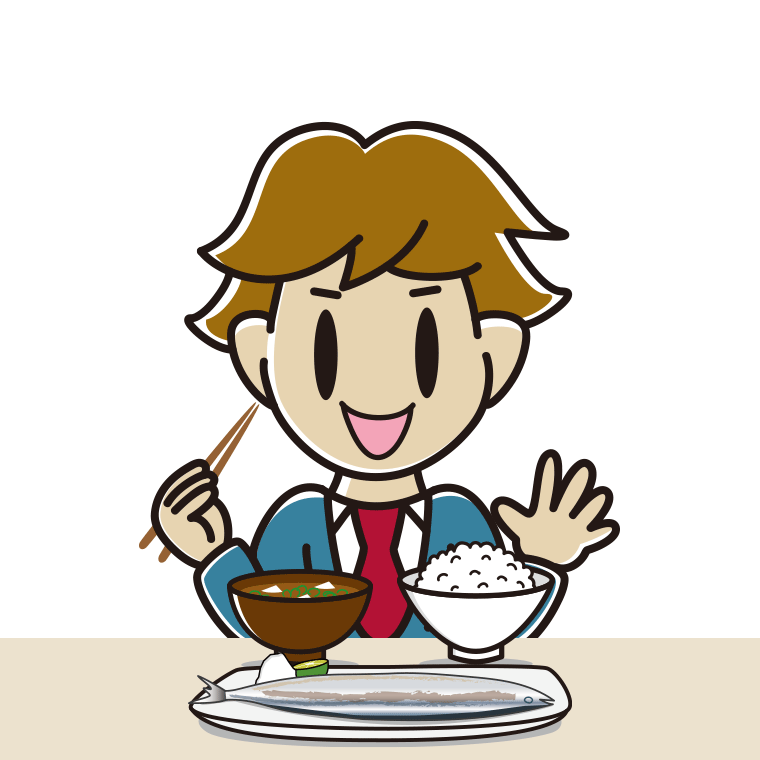 秋刀魚（サンマ）の塩焼きを食べる男子高校生のイラスト【色あり、背景なし】透過PNG