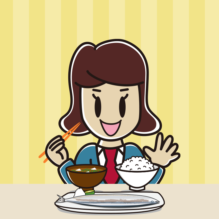 秋刀魚（サンマ）の塩焼きを食べる女子高校生のイラスト【色、背景あり】PNG