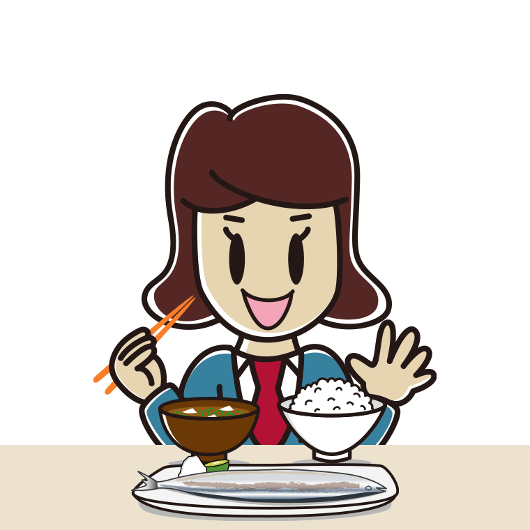 秋刀魚（サンマ）の塩焼きを食べる女子高校生のイラスト【色あり、背景なし】透過PNG