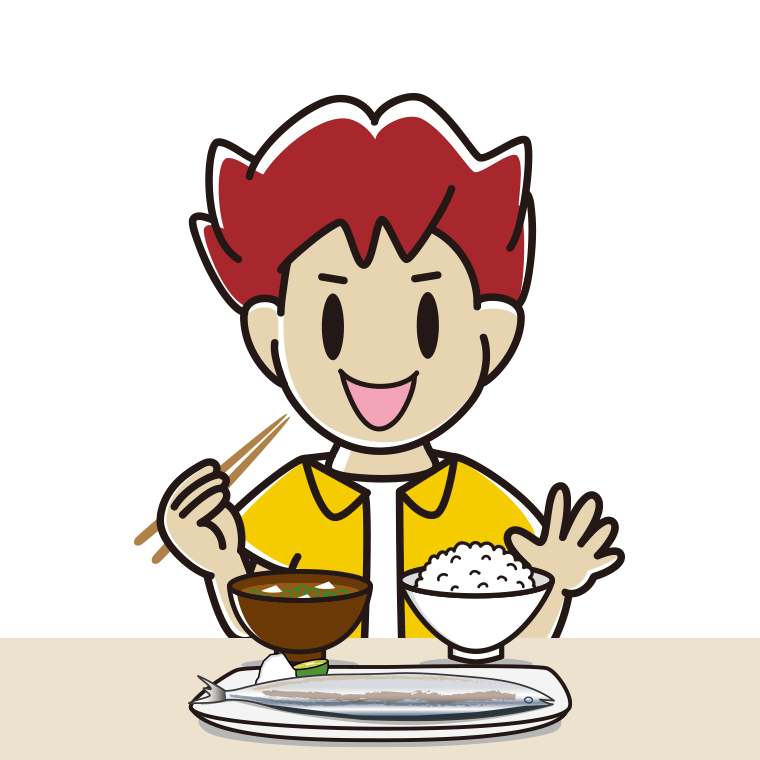 秋刀魚（サンマ）の塩焼きを食べる男子大学生のイラスト【色あり、背景なし】透過PNG