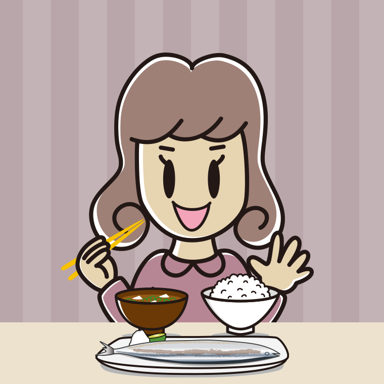秋刀魚（サンマ）の塩焼きを食べる女子大学生のイラスト【色、背景あり】PNG