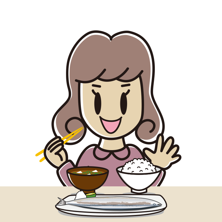 秋刀魚（サンマ）の塩焼きを食べる女子大学生のイラスト【色あり、背景なし】透過PNG