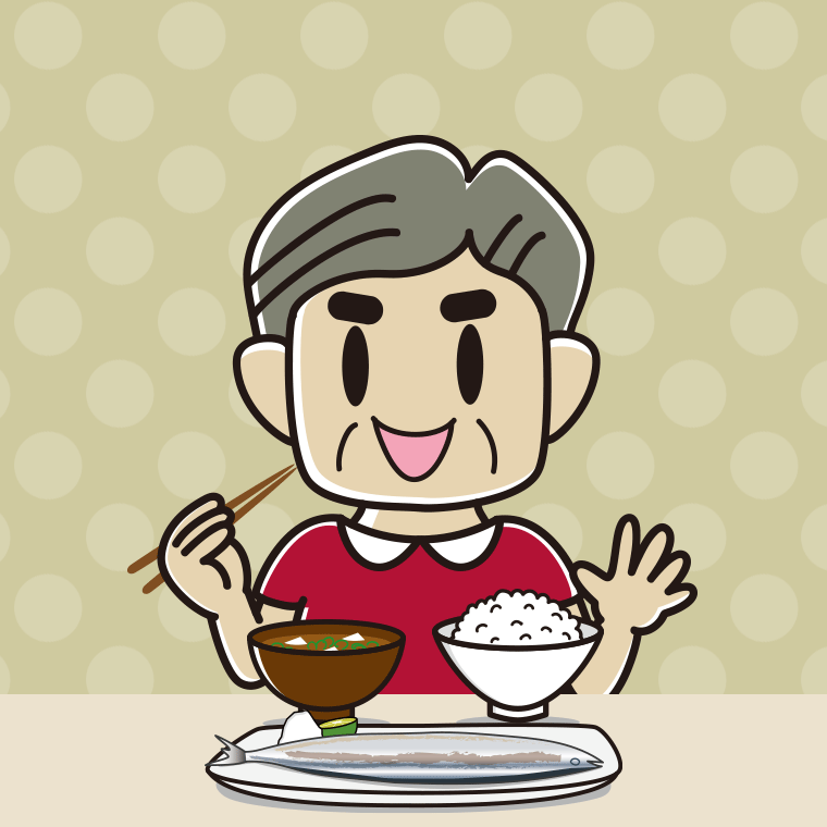 秋刀魚（サンマ）の塩焼きを食べるおじさんのイラスト【色、背景あり】PNG