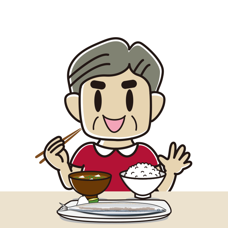 秋刀魚（サンマ）の塩焼きを食べるおじさんのイラスト【色あり、背景なし】透過PNG