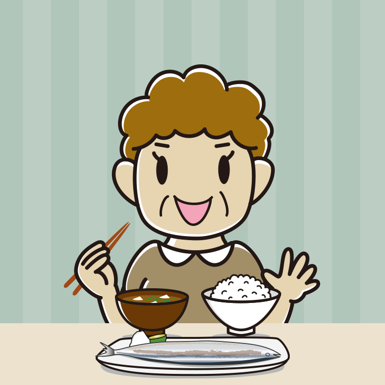 秋刀魚（サンマ）の塩焼きを食べるおばさんのイラスト【色、背景あり】PNG