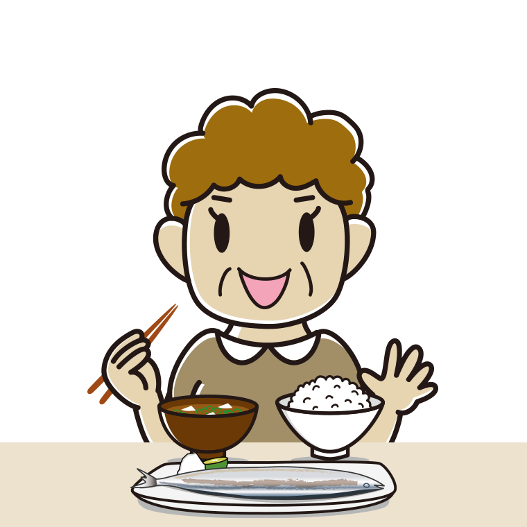秋刀魚（サンマ）の塩焼きを食べるおばさんのイラスト【色あり、背景なし】透過PNG