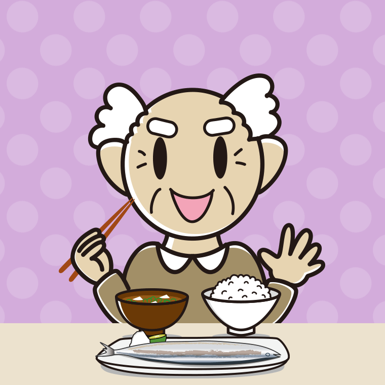 秋刀魚（サンマ）の塩焼きを食べるおじいさんのイラスト【色、背景あり】PNG