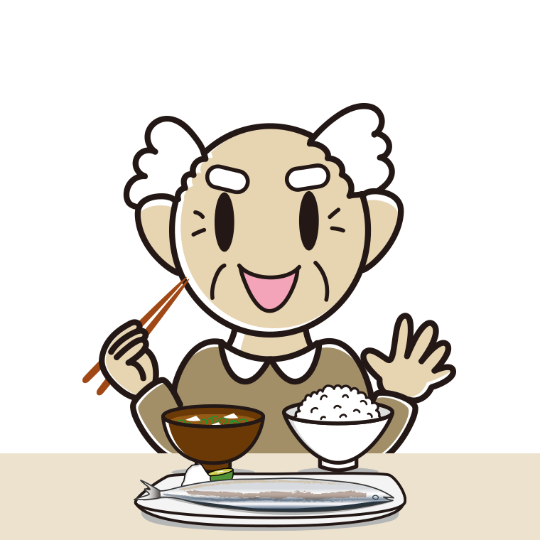 秋刀魚（サンマ）の塩焼きを食べるおじいさんのイラスト【色あり、背景なし】透過PNG