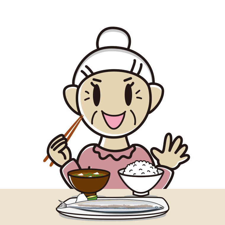 秋刀魚（サンマ）の塩焼きを食べるおばあさんのイラスト【色あり、背景なし】透過PNG