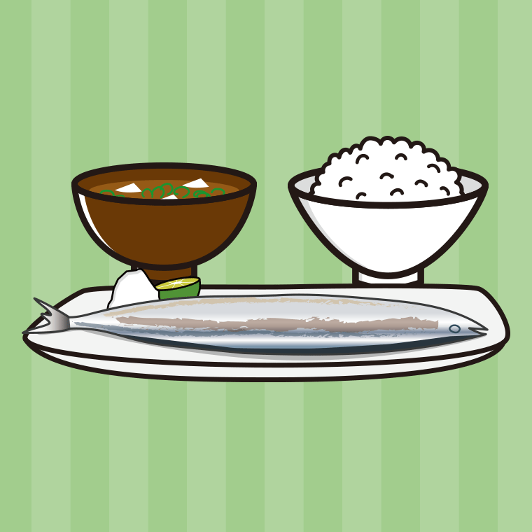 秋刀魚（サンマ）の塩焼きのイラスト02（ごはんとみそ汁付き）【色、背景あり】PNG