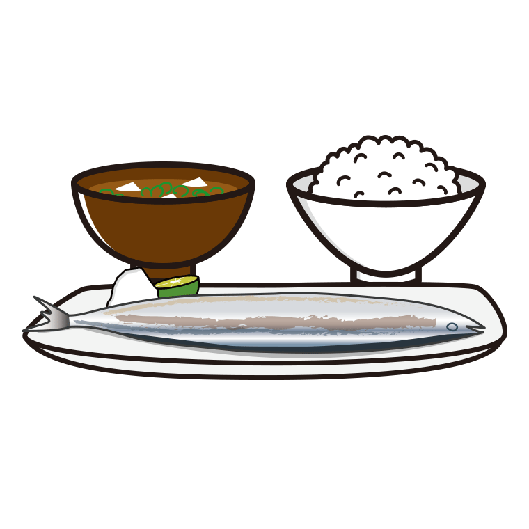 秋刀魚（サンマ）の塩焼きのイラスト02（ごはんとみそ汁付き）【色あり、背景なし】透過PNG