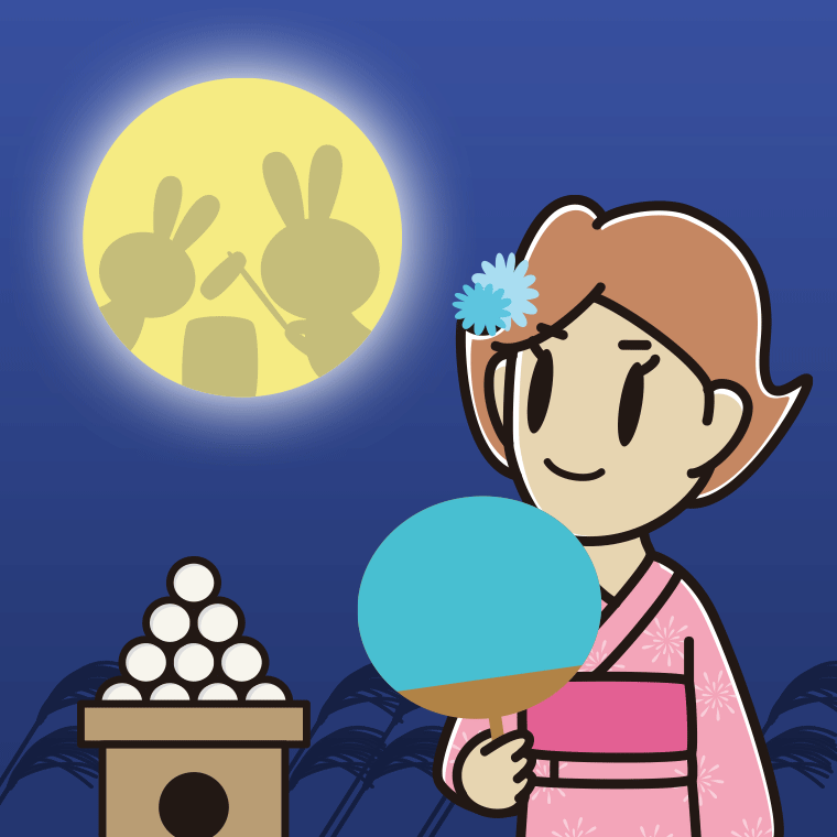 お月見をする女性のイラスト【色、背景あり】PNG