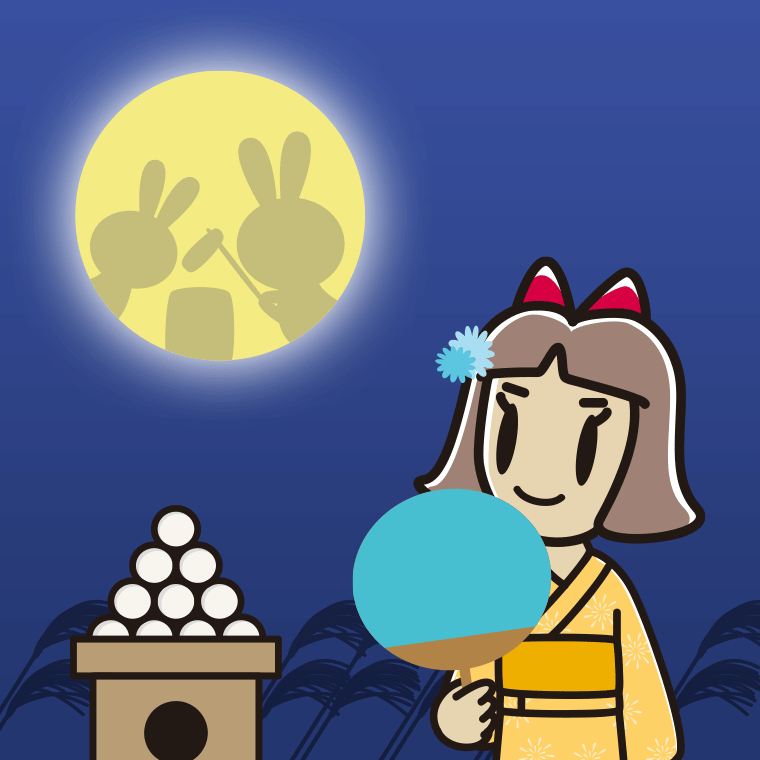 お月見をする小学生女子のイラスト【色、背景あり】PNG